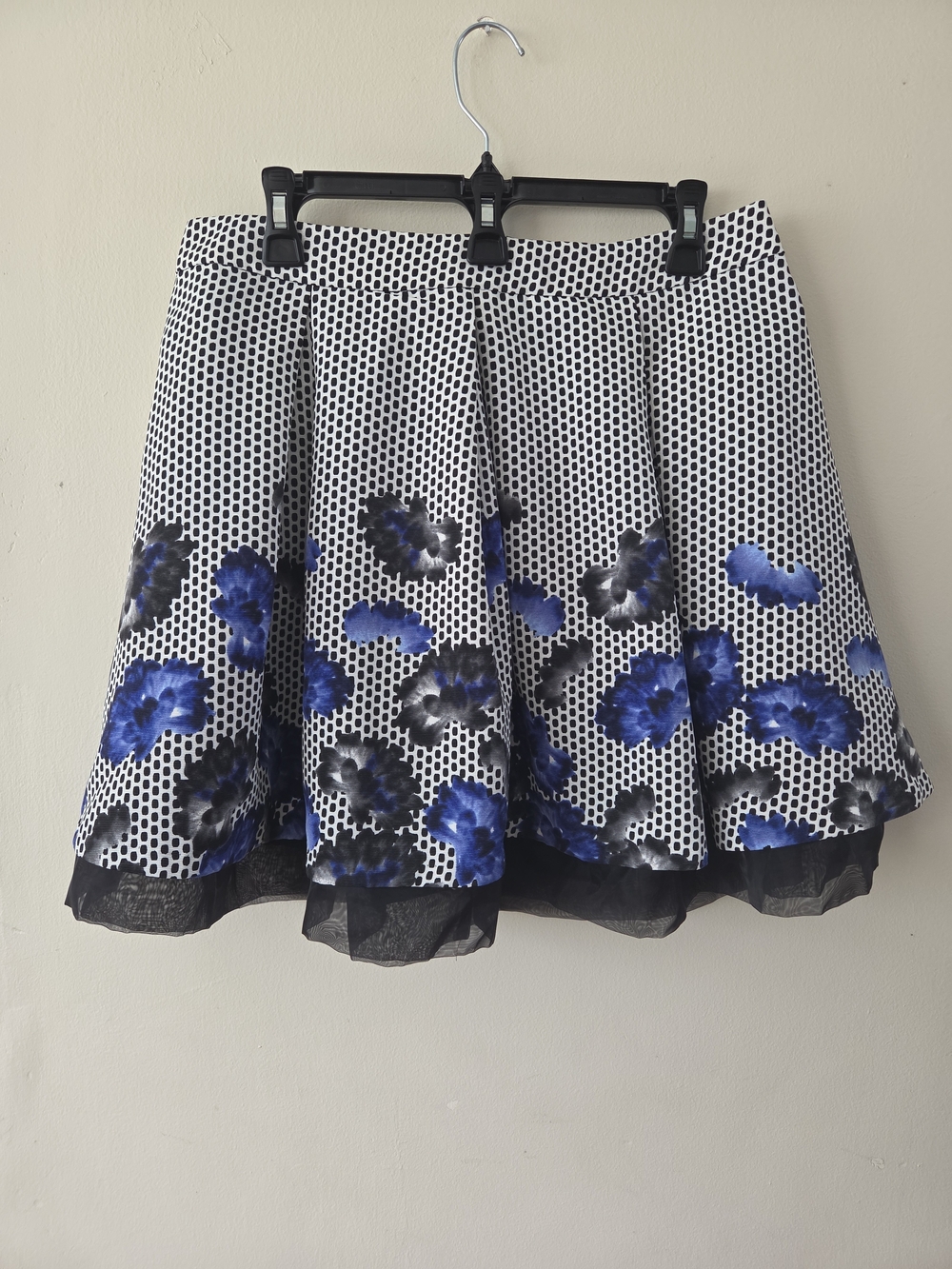 Express Blue & Black Floral Polka Dot Skater Skirt NWT Date Night Size 12